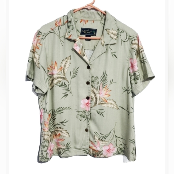 Island Traders Green Floral Tropical Women's Short Sleeve Button Blouse Size L - Picture 1 of 11